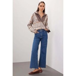 Naadam Cashmere Houndstooth Quarter Zip Sweater Taupe Brown Small